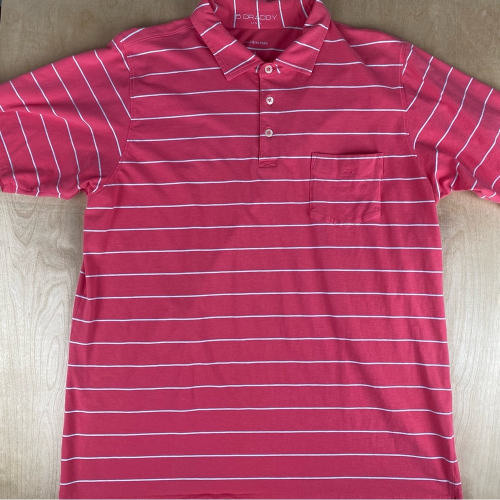 B Draddy Mens Large Golf Polo Shirt Pink Stripes Pima Cotton
